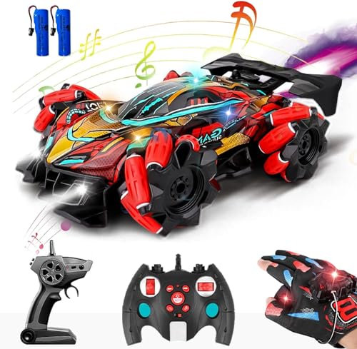 Goolsky Remote Control Cars 3-in-1 Control Mode Gesture Sensor RC Stunt Car 2.4GHz 4WD Spray Lights Music 360° Rotation Lateral Driving Side Drift Hand Controlled Car Gifts for Kids 2 Battery Red