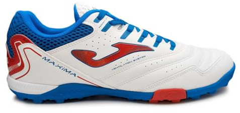 Joma Maxima Adult Turf Soccer Shoes – Men’s Lightweight Artificial Grass Cleats with High-Traction Rubber Outsole – Durable, Cushioned, Breathable Synthetic Soccer Footwear White/Red/Blue