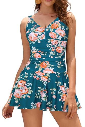 SHEKINI Maillot de bain une pièce pour femme - Col en V - Élégant - Robe de bain - Robe de bain - Jupe de bain - Rétro - Ruched - Robe de natation - Jupe de bain - Tankini, Rose orange, XL