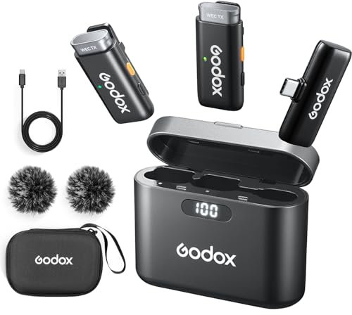 Godox WES2 KIT2 Wireless Lavalier Microphone for Type-C, MFi Certified, Plug and Play Noise Cancelling Lapel Mic with 656ft Transmission, Charging Case, Compatible with Type-C, iPhone 15 (WES2 KIT2)