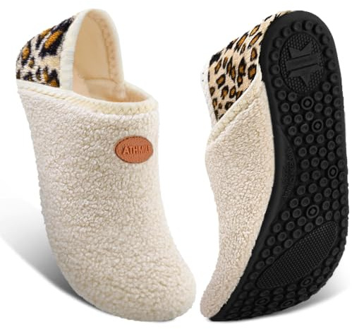 ATHMILE House Slippers for Women Men Indoor Barefoot Slippers Socks Furry Slip on House Shoes Cozy Comfy for Home Bedroom Travel Yoga Women 6.5-7.5 Beige Leopard