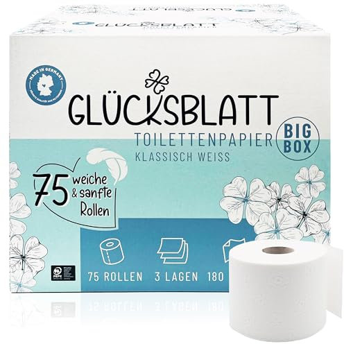Glücksblatt Boîte de papier toilette 3 plis - 75 rouleaux x 180 feuilles - 100 % cellulose - Papier toilette super doux - Réutilisable