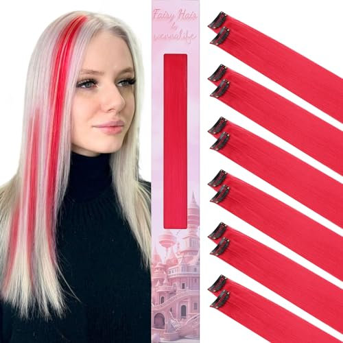WENNALIFE 12 Stück Rot Haarsträhnen Zum Einklipsen Haarsträhnen Kinder, Clip in Haar Extensions Bunte Haarsträhnen Kinder Haare zum Einflechten Mädchen Gerade Party Haarverlängerungen Zubehör
