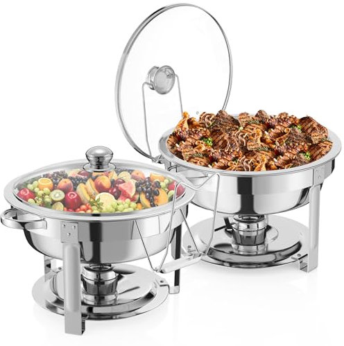 NArra 4 Pezzi Set da Buffet per scaldavivande, 7.5L copripiatti Rotondi in Vetro, Posate per Buffet in Acciaio Inox, Telaio Spesso per Catering, scaldavivande per Feste, Matrimoni, Picnic