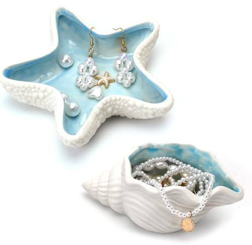 2 Pzs Bandejas para Dejar Joyas Cuenco de Cerámica Decorativo Plato de Joyería, Organizador de Llaves Anillos Collares Adornos Pequeños Trinket, Formas de Conchas y Estrellas de Mar (12.5-13.5CM)