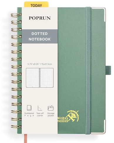 POPRUN Notizbuch A5 Gepunktetes, Bullet Dotted Journal, Spiral-Notizbücher 120 GSM Papier, 141 nummerierte Seiten, Hardcover mit Kleberegisterkarten und 8 Abreißblättern - MGN(Mitternachtsgrün)