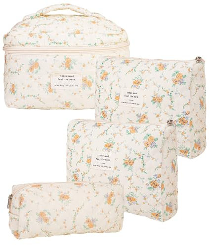 POFIBO 4er Kosmetiktasche Damen - Kulturtasche Damen mit Blumenmuster, Reise Kosmetiktasche Set, Make up Bag Aesthetic Blumen Make up Tasche für Frauen Mädchen (Gelb)