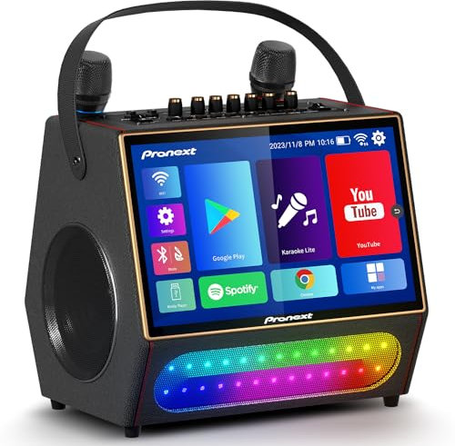 PRONEXT Máquina de karaoke con pantalla de letras para adultos, altavoz Bluetooth con 2 micrófonos UHF recargables, tableta integrada de 14 pulgadas y WiFi, luces de DJ, sistema de karaoke portátil