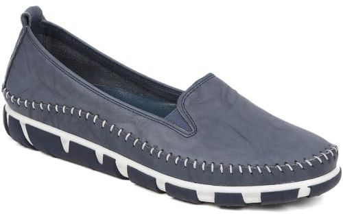Pavers Womens Leather Slip-On Pumps in Navy Blue - Comfortable Everyday Shoes - Smart Casual Slip-On Shoes for All-Day Wear - UK Size 4