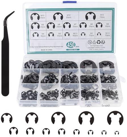 MOLENCO 450 Piezas Anillo de Retención Externo, Arandelas Seguridad, Arandelas de Seguridad E-Clips de Acero para Resortes, Anillos Sujetar Poleas de Engranajes de Rodamientos(13 Tamaños)