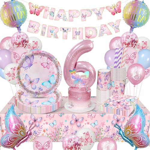 YIMAKJ Kit Anniversaire Fille 6 Ans Décoration Papillon - 84 Pièces avec Nappe, Ballons, Assiettes pour 16 Invités