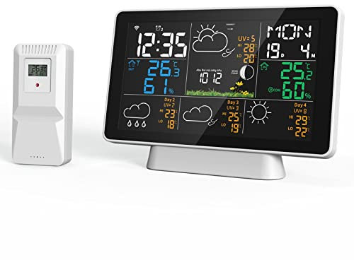 Station Meteo Interieur Exterieur Sans Fil, Station Météo 7,5 Pouces Connectée WIFI, Station Météo Sans Fil avec Prévisions Météorologiques, Baromètre,Heure, Date,Phase de Lune,Alarme et Snooze.