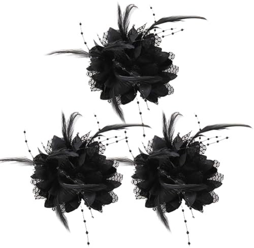 Lot de 3 pinces à cheveux en forme de fleur et plumes - Pinces à cheveux en maille - Bibi pour cheveux - Pour fête de thé - Épingles à cheveux vintage - Noir