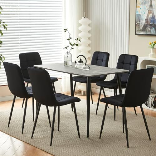 Grauer Esstisch und Stühle Set 6, rechteckiger Küchentisch in Betonoptik und moderne Samtstühle Set 6, Esszimmer-Set für Home Office Wohnzimmer (Schwarz, Tisch mit 6 Stühlen)