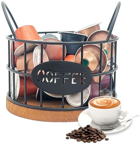 MEETOZ Coffee Pod Holder, Multiple Coffee Pod Organizer, Coffee Pod Storage, Coffee Station Accessories, Coffee Capsule Holder with Wooden Base for Kitchen Coffee Bar Office(Black)