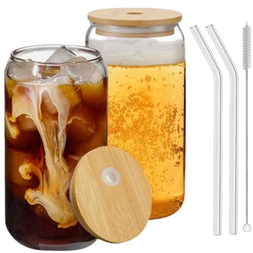 500ml Can Shaped Glass Cups Set, Drinking Glasses with Bamboo Lids and Glass Straw, Reusable Can Shaped Cups Set,for Smoothies, Beer, Cola, Juice, Soda,Cocktail, Milk