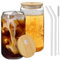 500ml Can Shaped Glass Cups Set, Drinking Glasses with Bamboo Lids and Glass Straw, Reusable Can Shaped Cups Set,for Smoothies, Beer, Cola, Juice, Soda,Cocktail, Milk