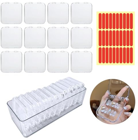 12Pcs Press on Nail Packaging Boxes, False Nail Container Organizer Clear Nail Display Case with 1 All-In-One Acrylic Nail Storage Box and 30pcs Double-sided Adhesive Tape for Nail Art Salon Home Use