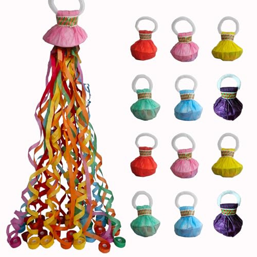 12Pack Hand throw Streamer Poppers 6 Color Mix No Mess Confetti Poppers，Party Poppers No Mess Streamers Easy to Clean Ideal for Celebrations Birthday and Festival