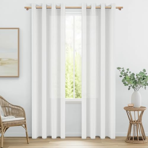 MRTREES Vorhang Weiß mit Ösen Leinenoptik Halbtransparent Voile Gardinen Wohnzimmer Modern Weiss Ösenschal 2er Set, Vorhänge Schlafzimmer 225 cm Lang 140 cm Breit, Curtains Living Room