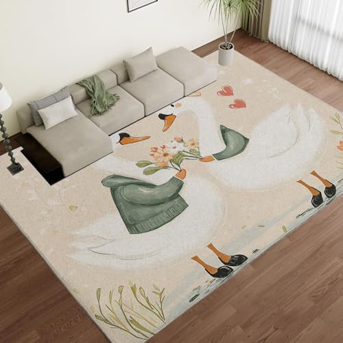 JEDTAKCT Teppich Wohnzimmer, Waschbarer Teppich Kurzflor rutschfest, Cartoon Schwan Teppich Für Schlafzimmer, Esszimmer, Teppich Mit Tier Ölgemälde Muster, Groß: 150X210Cm