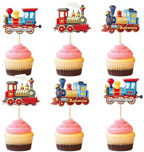 Blumomon 24 Stück Zug Cupcake Toppers Geburtstag des Jungen Cupcake Toppers Dekoration Zug Kuchen Dekorationen Train Dekoration