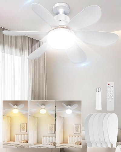 RuiDay Lampe Ventilateur Plafond, 40W Ventilateur plafond avec lumiere, E27 Ventilateur de Plafond Silencieux Avec Lumiere et Telecommande, 6 Pales, 3 Vitesses (Blanc Rond + Rallonge)