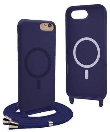 Magnetic Cover for iPhone 8 Plus / 7 Plus with Lanyard, Compatible with MagSafe, Silicone Case with Adjustable Nylon Neck Strap Chain Necklace – Blue