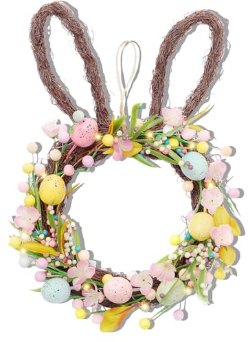 Easter Bunny Wreaths, 16 Inch Bunny Wreath for Front Door with Lights, Artificial Wreath Decorations Colorful Eggs and Bunny Ear Wreaths for Spring Easter Holiday Home Party Wall Decor