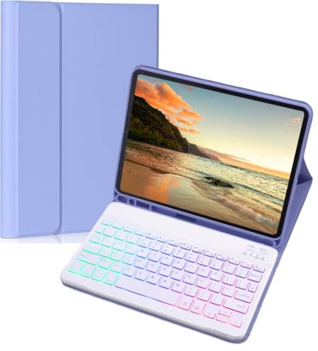NUWONAYA Keyboard Case for Galaxy Tab A8 10.5 Inch 2022, Slim Lightweight 7 Color Rainbow Backlight Detachable Magnetic Keyboard Cover with S Pen Holder,Purple