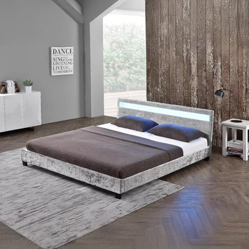 Harmin LED Bed Frame with Crushed Velvet Upholstery, with remote, Illuminated Headboard (Silver, Double)