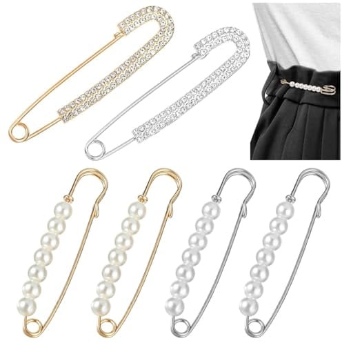 6 stycken broscher och stift för kvinnor, guld silver brosch urringning förminskning, dragnål brudklänning, säkerhetsnålar med pärlor och strass, för pullover, halsduk, krage, byxor, kjol, midja