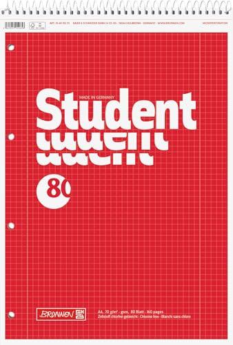 BRUNNEN Collegeblock Student Spirale oben | A4, Lineatur 28, 80 Blatt, rot