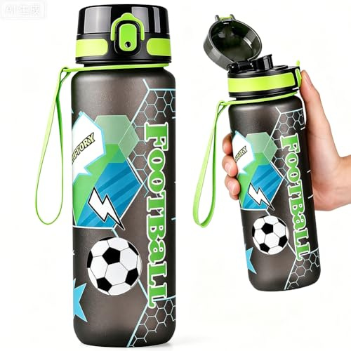 HTGWCG Trinkflasche Kinder, 750ml, Kohlensäure Geeignet, Auslaufsicher, BPA-Frei, One-Touch-Öffnung, Leicht zu Reinigen, Fußball Muster, Wasserflasche Geeignet für Schule und Outdoor Sport