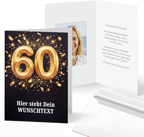 10 Einladungskarten 60. Geburtstag Personalisiert mit Foto & Wunschtext | Einladungen selbst gestalten - DIN A6 Einladung Klappkarten inkl. Umschläge - Geburtstagseinladungen mit goldener Zahl