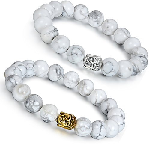 Aroncent 2PCS Herren Damen Armband, 10mm Breite Silber Gold Buddha-Kopf Gebet Mala Kugel Perle EnergieStein Armreif Armschmuck Handgelenk, Weiss Howlite Türkis Metalllegierung