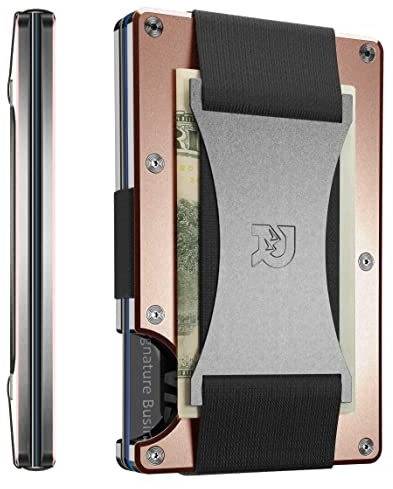 The Ridge Minimalist Slim Wallet for Men - RFID Blocking Front Pocket Credit Card Holder - Aluminum Metal Small Mens Wallets with Cash Strap (Mountain Ridge, Rose Gold)