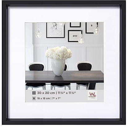 walther design Bilderrahmen schwarz 20 x 20 cm mit Passepartout, Steel Style Kunststoffrahmen ES220B