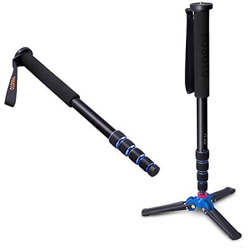 FOSOTO Kamera-Einbeinstativ aus Aluminium, mit abnehmbarem, faltbarem 3-Fuß-Stativfuß, 5 Abschnitte, ausziehbar für Canon, Nikon, Sony, Panasonic, DSLR-Kamera, 165 cm