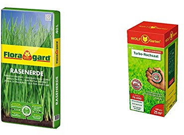 Floragard Rasenerde 40 L • hochwertige Spezialerde • zur Neuanlage, Pflege und Ausbesserung von Rasenflächen • mit dem Naturdünger Guano • mit Quarzsand & WOLF-Garten - »Turbo-Nachsaat« LR 25; 3826020