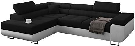 Ecksofa Miami mit Schlaffunktion, Eckcouch mit Bettkasten, L Form Couch, Ecksofa mit Bettkasten, Sofagarnitur mit Schalffunktion, Ottomane Links (Schwarz + Weißer Kunstleder -EKO)