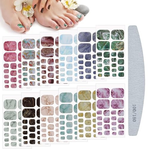Kalolary Toenail Wrap Art Polish Stickers, 12 Sheets Marble Toe Nail Polish Stickers Self-Adhesive Full Nail Wraps Designs with 1 Piece Nail File for Women Girls Nail Art Decoration