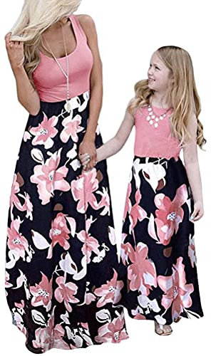 ORANDESIGNE Mutter und Tochter Maxikleid Stitching Blumenmuster Kleider Familie Kleidung Partykleid Strandkleid Mutter und Mädchen Ärmelloses Langes Kleider F Rot 110