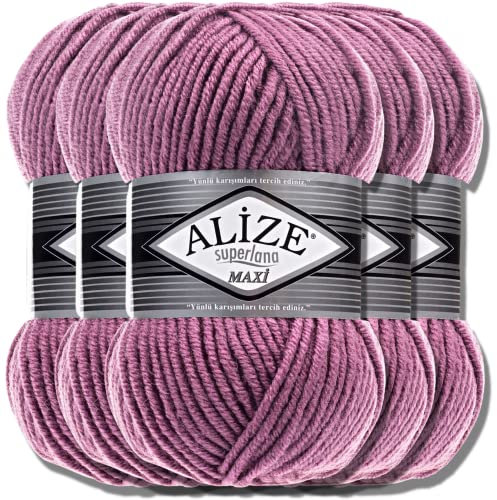 Alize 5 x 100g Superlana Maxi Türkische Premium Wolle Baumwolle und Acryl Uni Handstrickgarne | Yarn | Garn | Strickgarn Einfarbig Baby zum Häkeln Stricken Kleidung Schals (Rose | 28)