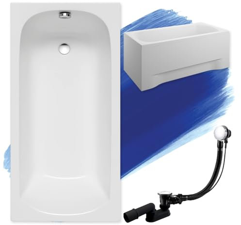 BADLAND Badewanne Original Weiß Acryl Wanne Rechteck CLASSIC 150x75 KOMPLETTSET SET mit Weiß Acrylschürze + Füßen und Exklusive Chrom Automatik Ablaufgarnitur Made in EU 4in1