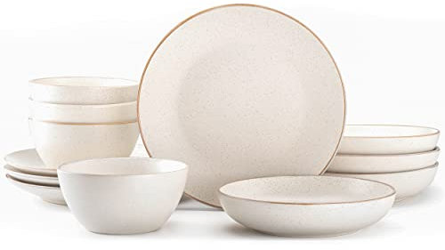 Riverside Service de table 12 pièces pour 4 personnes – Assiettes et bols faits à la main en céramique – Passe au micro-ondes et au lave-vaisselle – Blanc Oxford