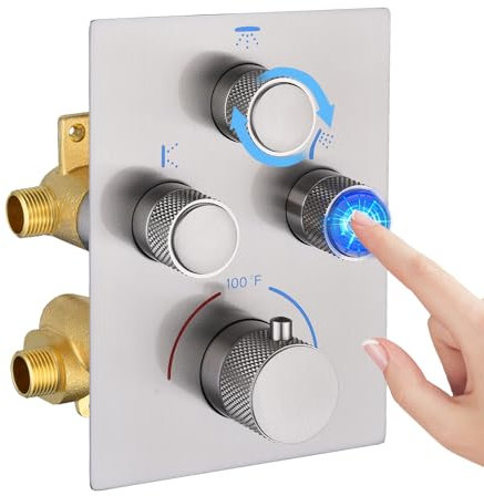 NPYSVSSS Modern Push Button 3 Way Thermostatic Shower Valve, Concealed 3 Outlet Multi Function Brass Mixer Shower Diverter Valve Kit Can Control Flow and On-Off Simultaneously, Brushed Nickel