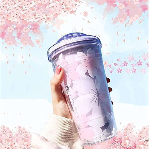 Stronrive Gobelet à Eau Sakura, gobelet isolé à Double paroi avec Couvercle et Tasse à café glacée en Paille GranBouteille d'eau étanche Bouteille d'eau en Cerisier pour Cadeaux sans BPA