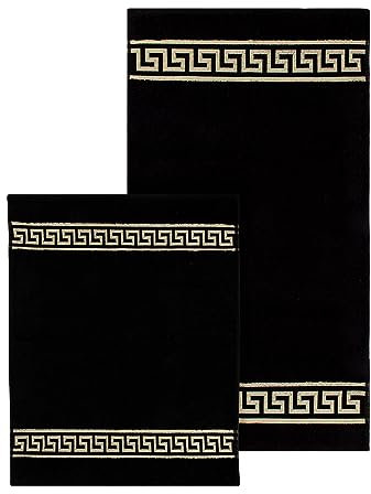 Badematte Badezimmerteppich Badteppich Duschmatte Badvorleger Set 2 teilig griechisches Mäander Muster in Schwarz Gold mit Noppen - 100% Baumwolle rutschfest waschbar Fussbodenheizung - 2er Set