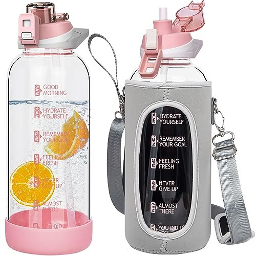 Seekua 1.5l Sport Gourde Verre avec Paille & Heure de Motivation 1.5 litre grande Bouteille d'eau Verre Réutilisable sans BPA avec Marqueur de Temps